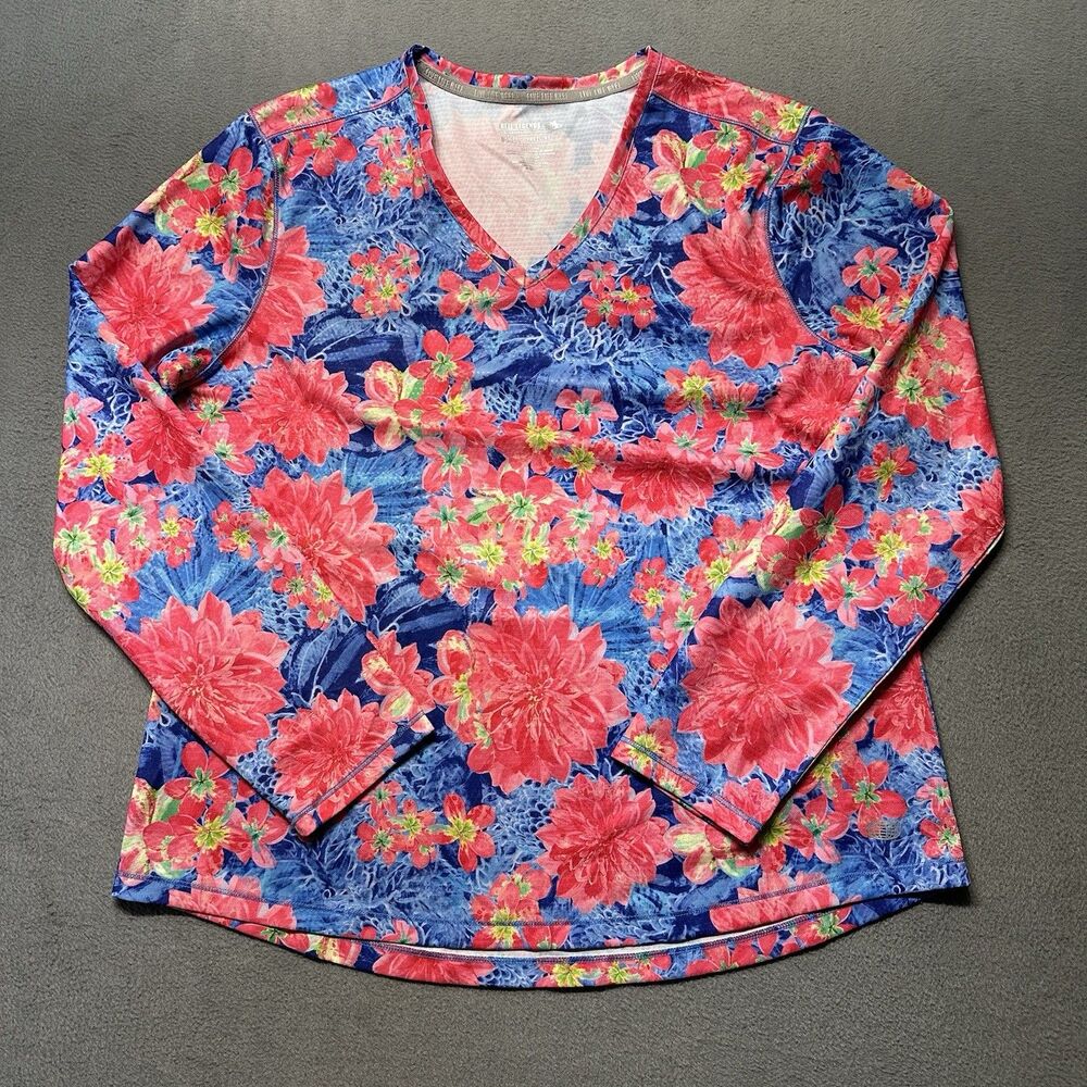 Reel Legends Womens PXL FreeLine Shirt Blue Pink Floral V Neck Fishing EUC